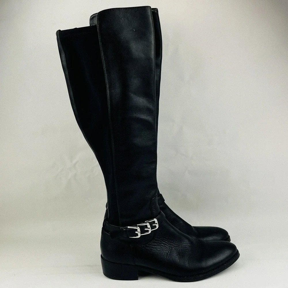 Womens 6M Donald Pliner Nellie Riding Boots Black Leather Knee High Elastic Back